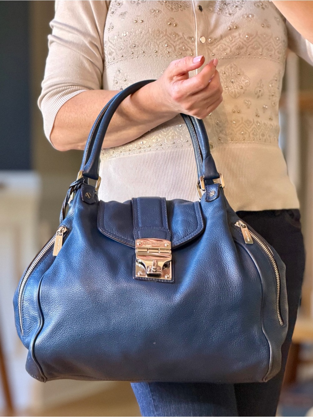Michael Michael Kors Classic Vintage Navy Leather Satchel Crossbody Bag